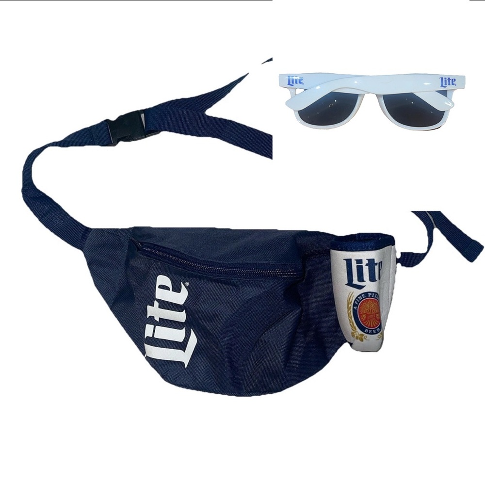 2 ITEMS: Miller Lite Sunglasses + Fanny Pack Belt Bum Bag with Can Holder